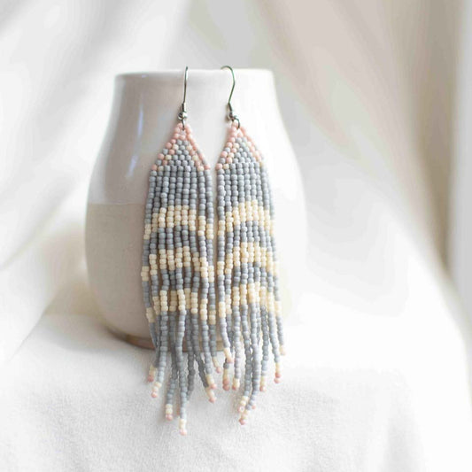 Seed bead earrings in grey and white.