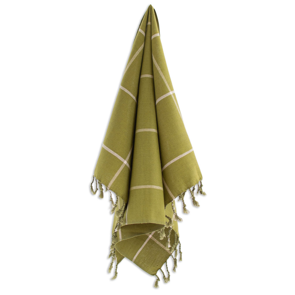 fair trade hand towel in olive green grid