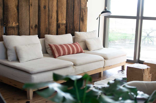 long lumbar red pillow on couch