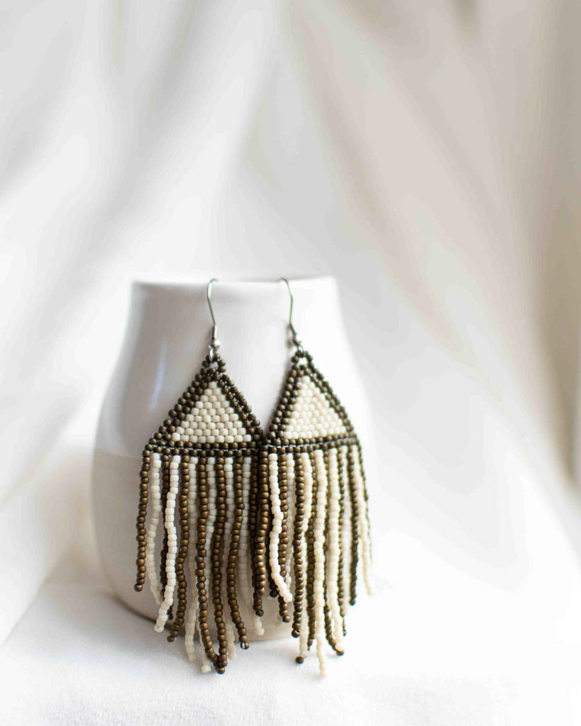 green and beige beaded earrings with triangle shape and stripes