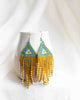 mustard yellow, turquoise, and beige beaded earrings