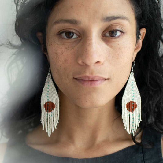 Beaded fringe earrings modeled on women.