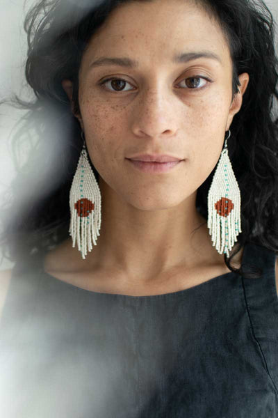 women wearing beaded earrings