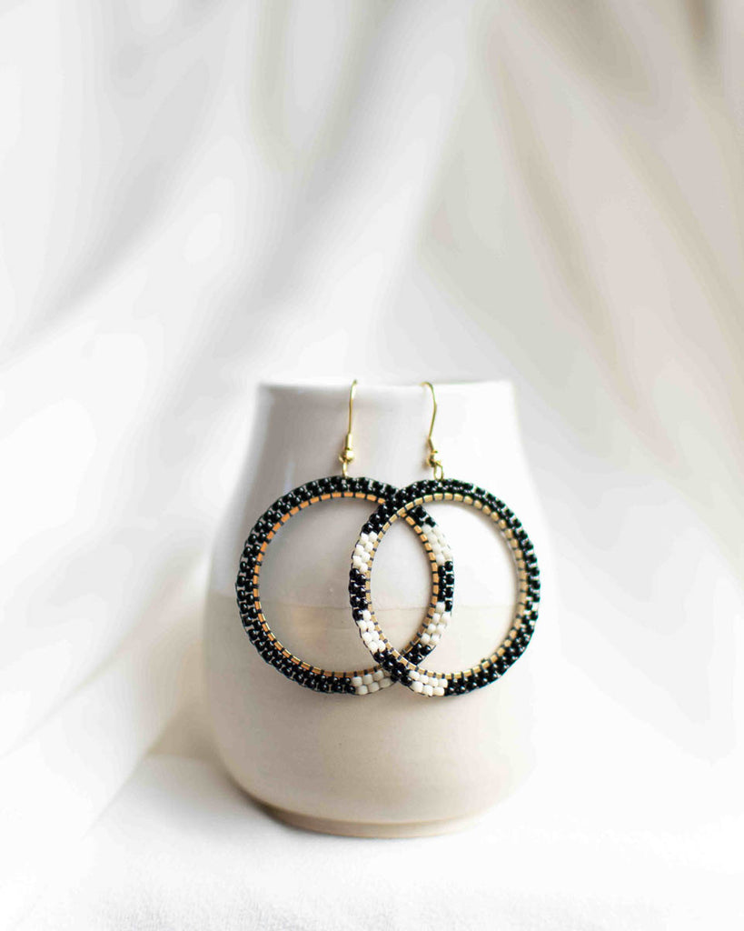 black and white beaded hoop earrings