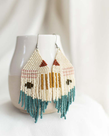 beaded fringe earrings with minimal shapes