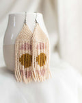 minimal beaded fringe earrings with yellow circle and pink arches