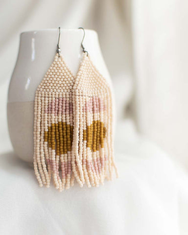 minimal beaded fringe earrings with yellow circle and pink arches