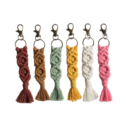 Macrame keychains in different colors.