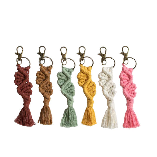 Macrame keychains with vine design in multiple colors.