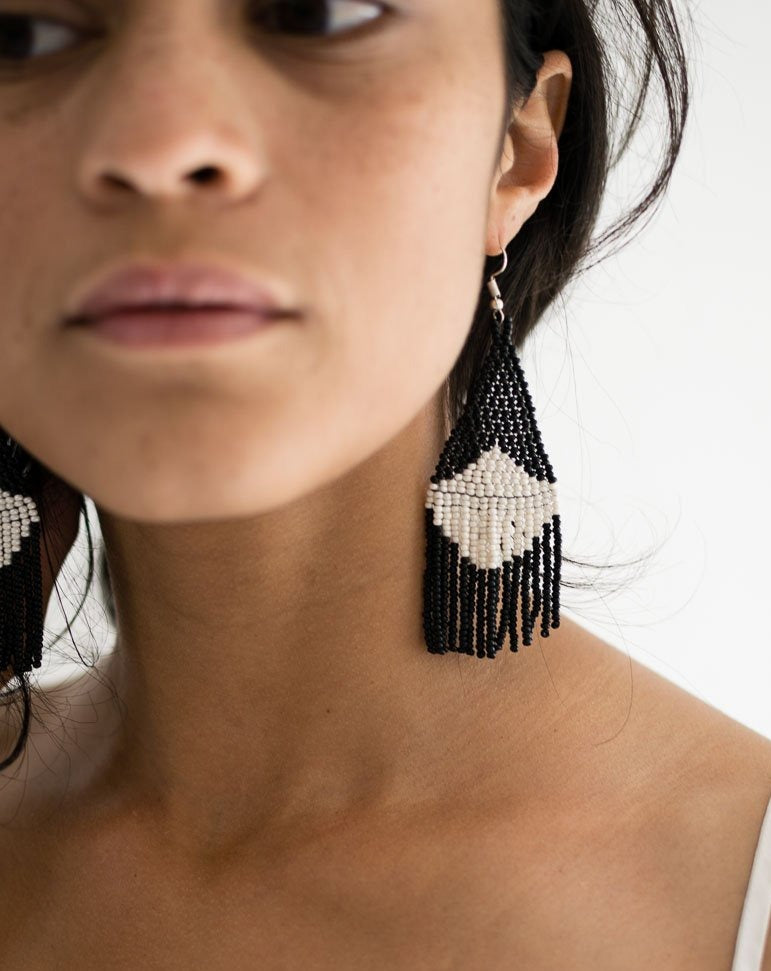 beaded fringe earrings black and white