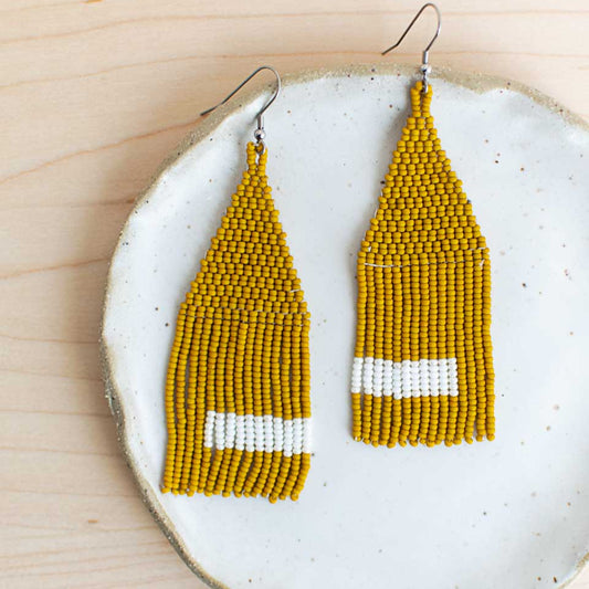 Beaded seed bead earrings in mustard yellow and white with minimalistic design.