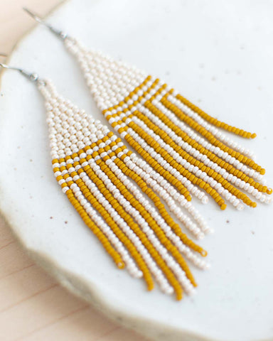 mustard yellow and off white seed bead earrings - fair trade