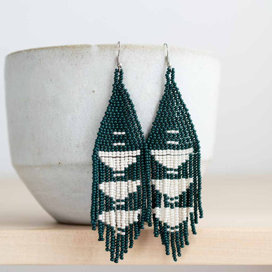woven bead earrings in jade green