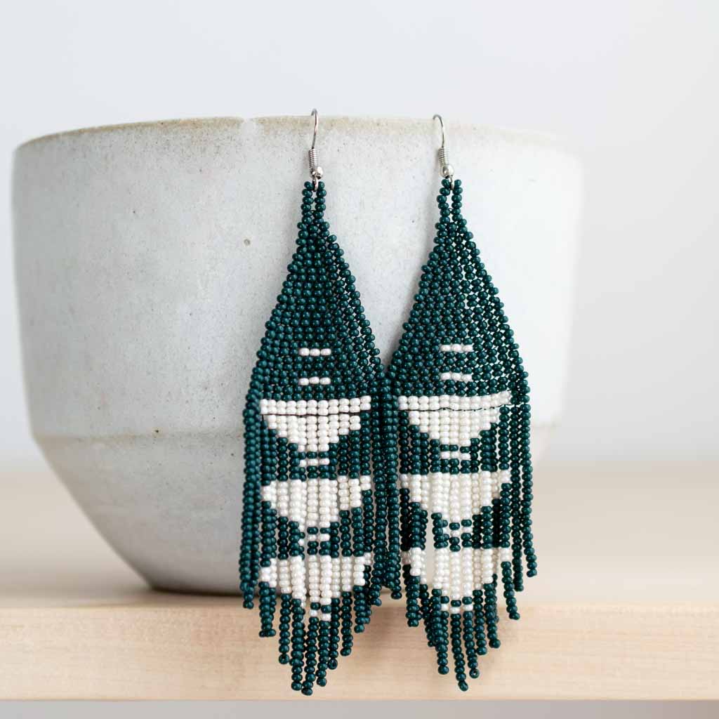 woven bead earrings in jade green