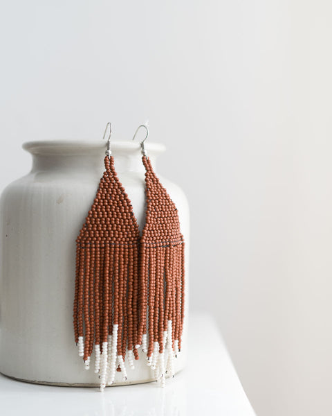 fair traded woven bead fringe earrings cinnamon