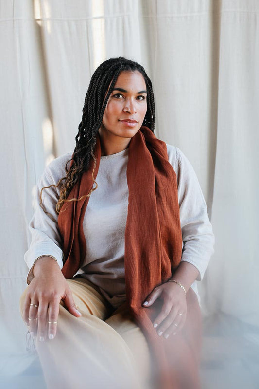 fair trade naturally dyed silk shawl on woman