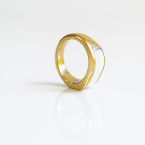 thick woman's ring made from brass and recycled bone and horn