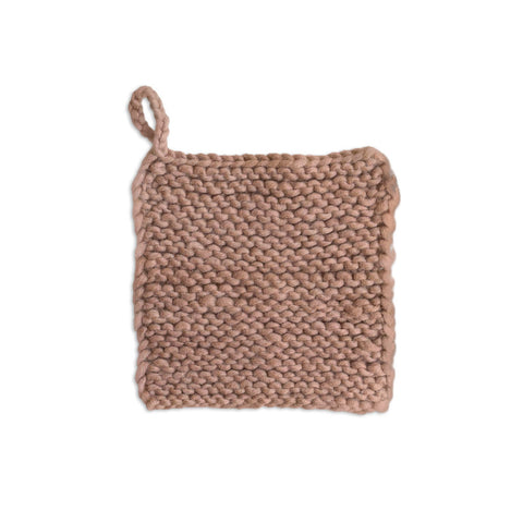 knitted wool pot holder in naturally dyed acacia brown